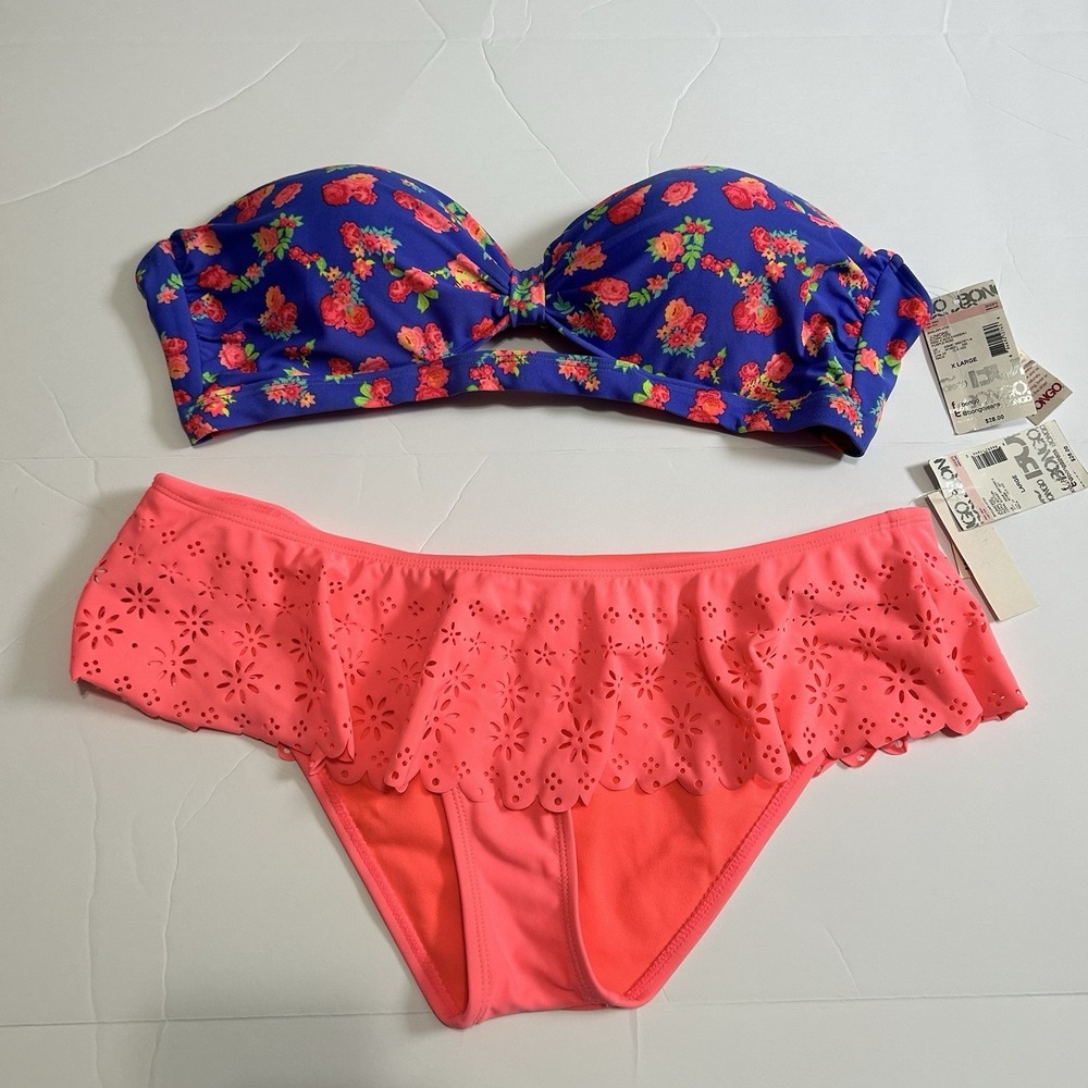 BONGO WOMAN JR BIKINI 2PC BATHING SUIT PINK FLORAL EYELETS‎ Top XL Bottoms L NWT
